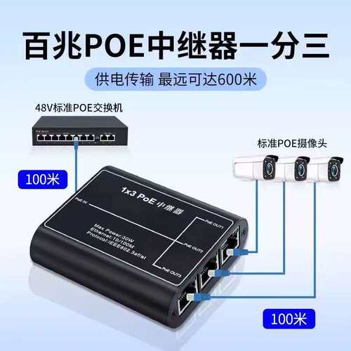 国标POE中继器千兆POE网络信号延长器一进三出级联宝PoeExtender