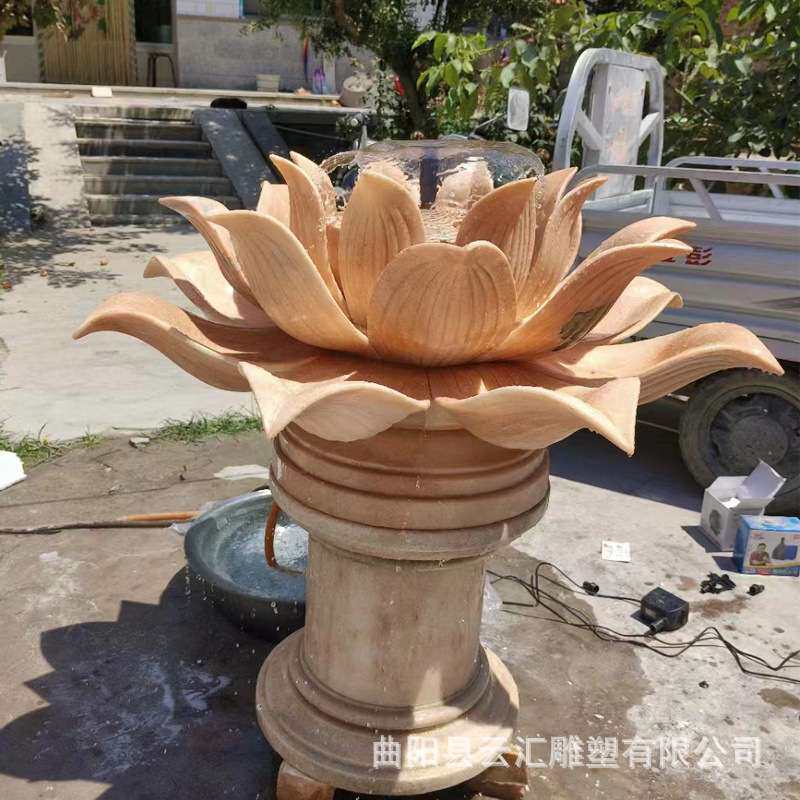 石雕荷花喷泉晚霞红莲花吐水莲花喷泉户外庭院水景喷水雕塑摆件