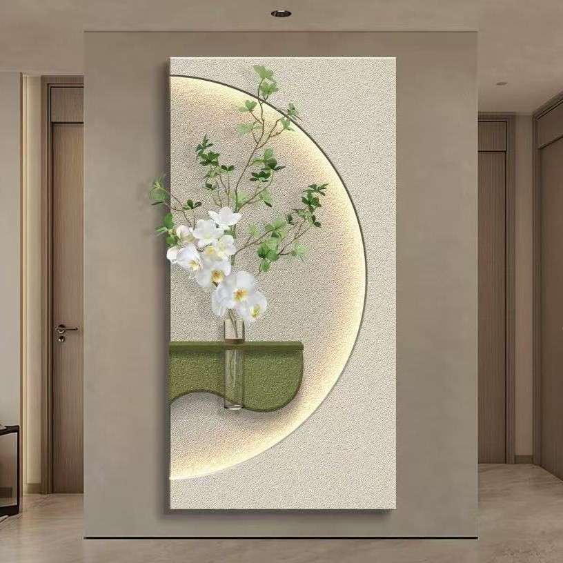 奶油风创意水培绿植入户门玄关装饰画砂岩双层带灯光走廊过道挂画