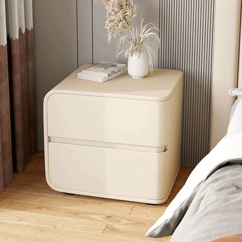 现代极简奶茶风超纤皮床头柜卧室家具意式简约艺术实木床边柜矮柜