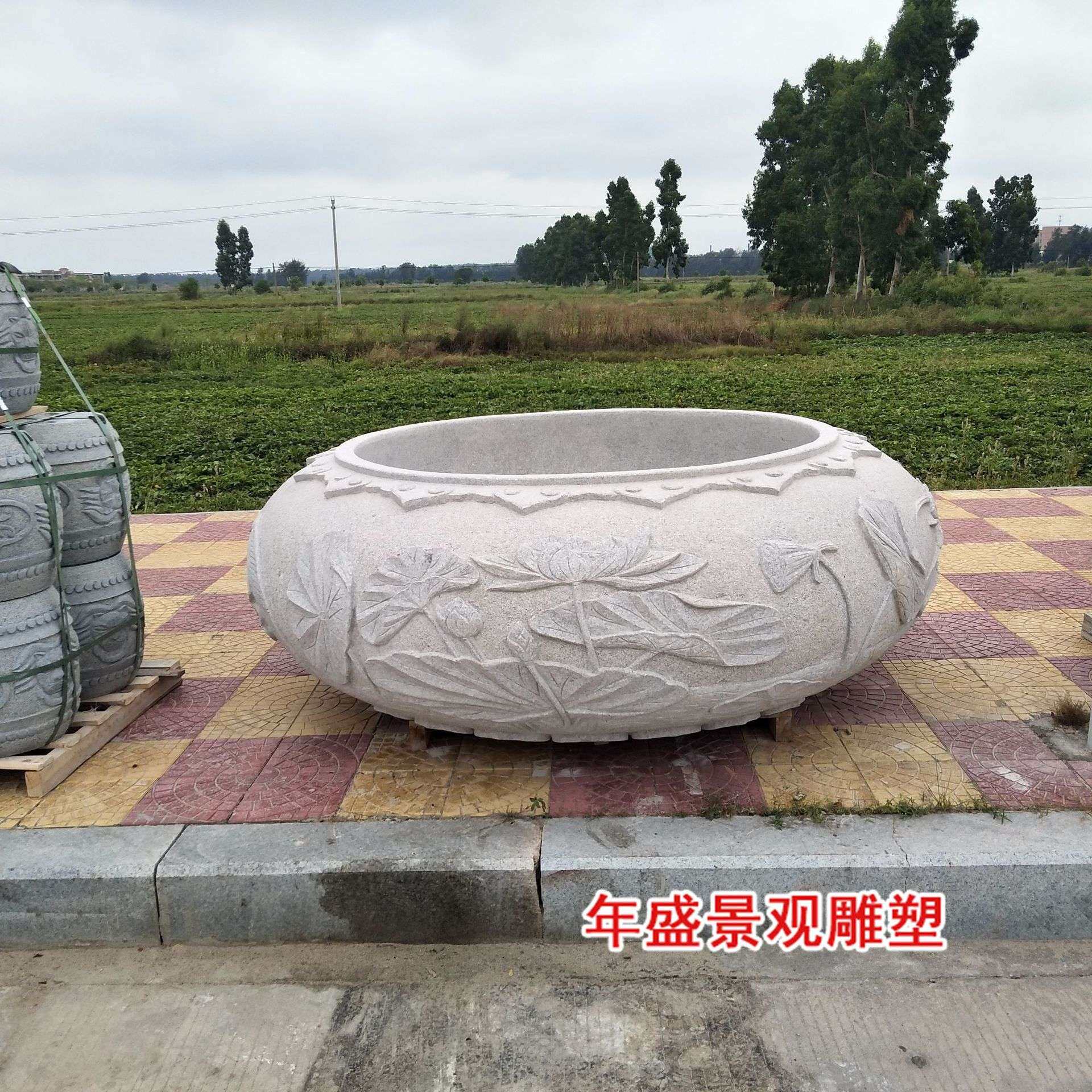 仿古雕刻石头鱼缸　园林古建芝麻白大花盆 石雕老物件雕花水缸