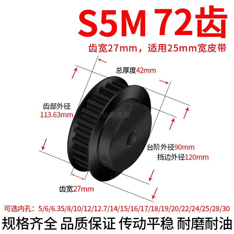 同步轮S5M72齿钢黑BF带宽25内孔v8 10 12 14 220 24 25同步带轮S5