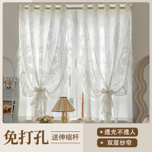 白纱 田园风2023新款 窗帘纱帘透光不透人飘窗r轻奢免打孔安装 法式