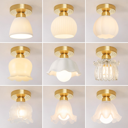 北欧过道灯全铜入户走廊玄关衣帽间阳台轻奢法式花朵奶.油风吸顶