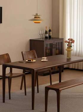 北美黑胡桃木现代简约全榫卯艺术舒克餐桌家用轻奢书桌一体家具