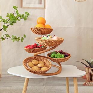 跨境热销迎客松形状藤编收纳多层次果盘加粗钢管支架可拆卸果盘
