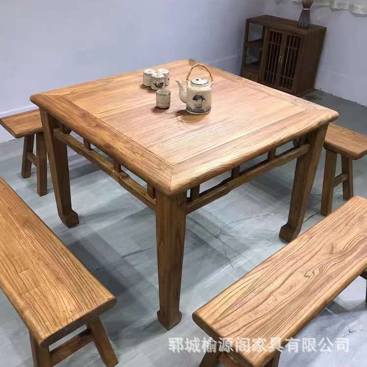 民宿仿古餐桌家用长条凳中式榆木方桌实木八仙桌风化老门板