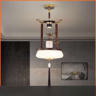 新中式餐厅吊灯实木简约单头吧台灯中国风LED茶室餐桌灯