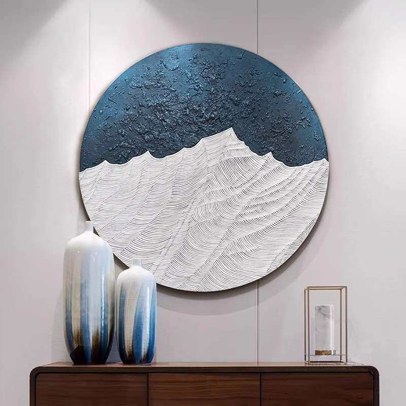 新中式立体玄关装饰画圆形无框画手绘肌理挂画现代简约感壁画