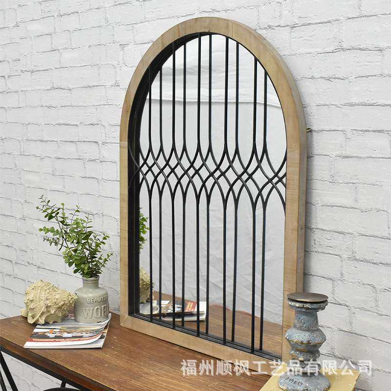 热销法式复古手工木制拱门梳妆镜化妆镜壁挂式客厅装饰镜