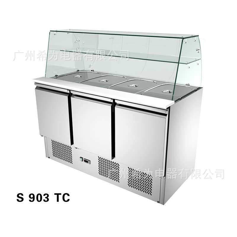 挖孔沙拉不锈钢工作台玻璃罩披萨份数盘风冷冷藏工作台220V/60HZ