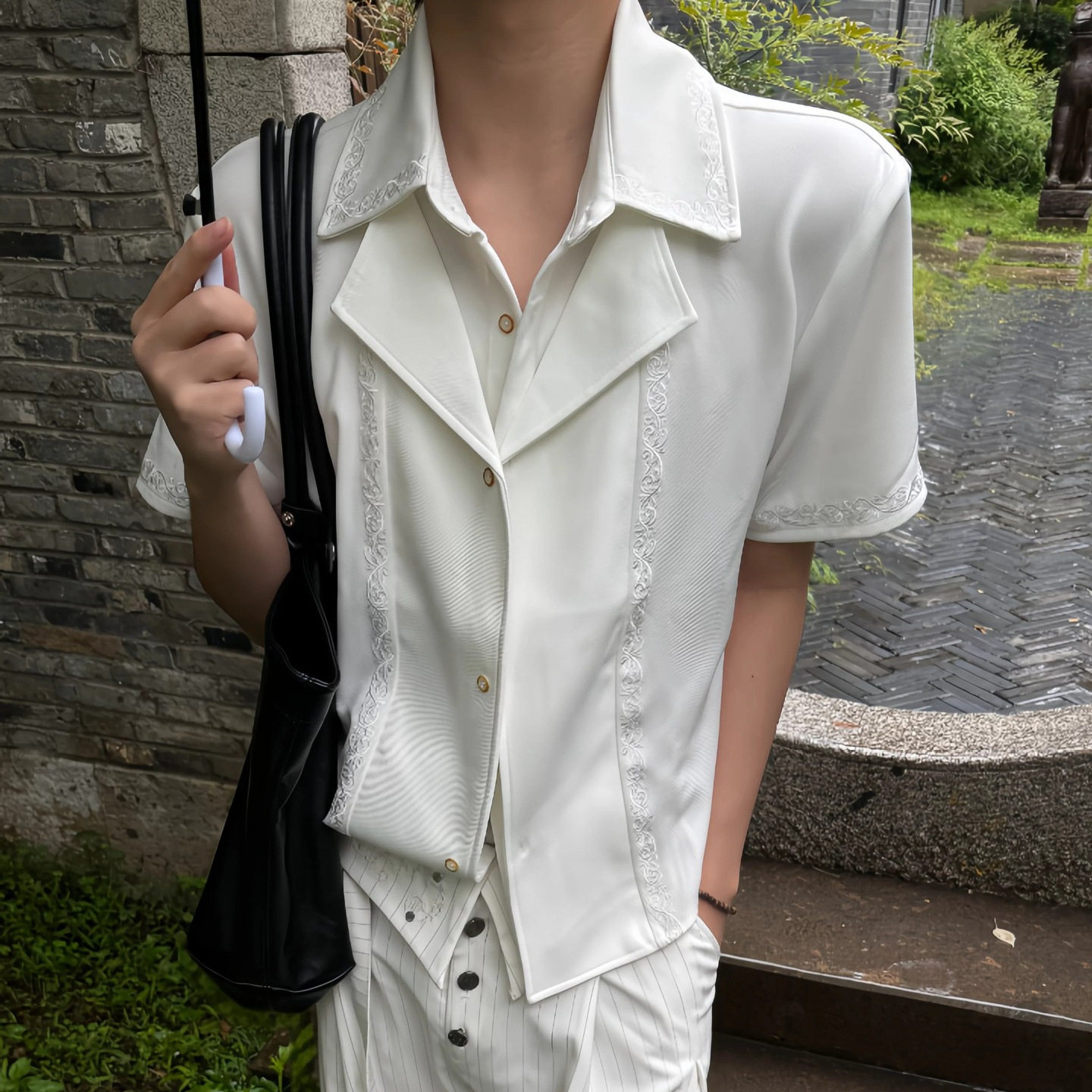 假两件白色翻领短袖衬衫男夏季韩系穿搭设计感宽松休闲五分半截袖