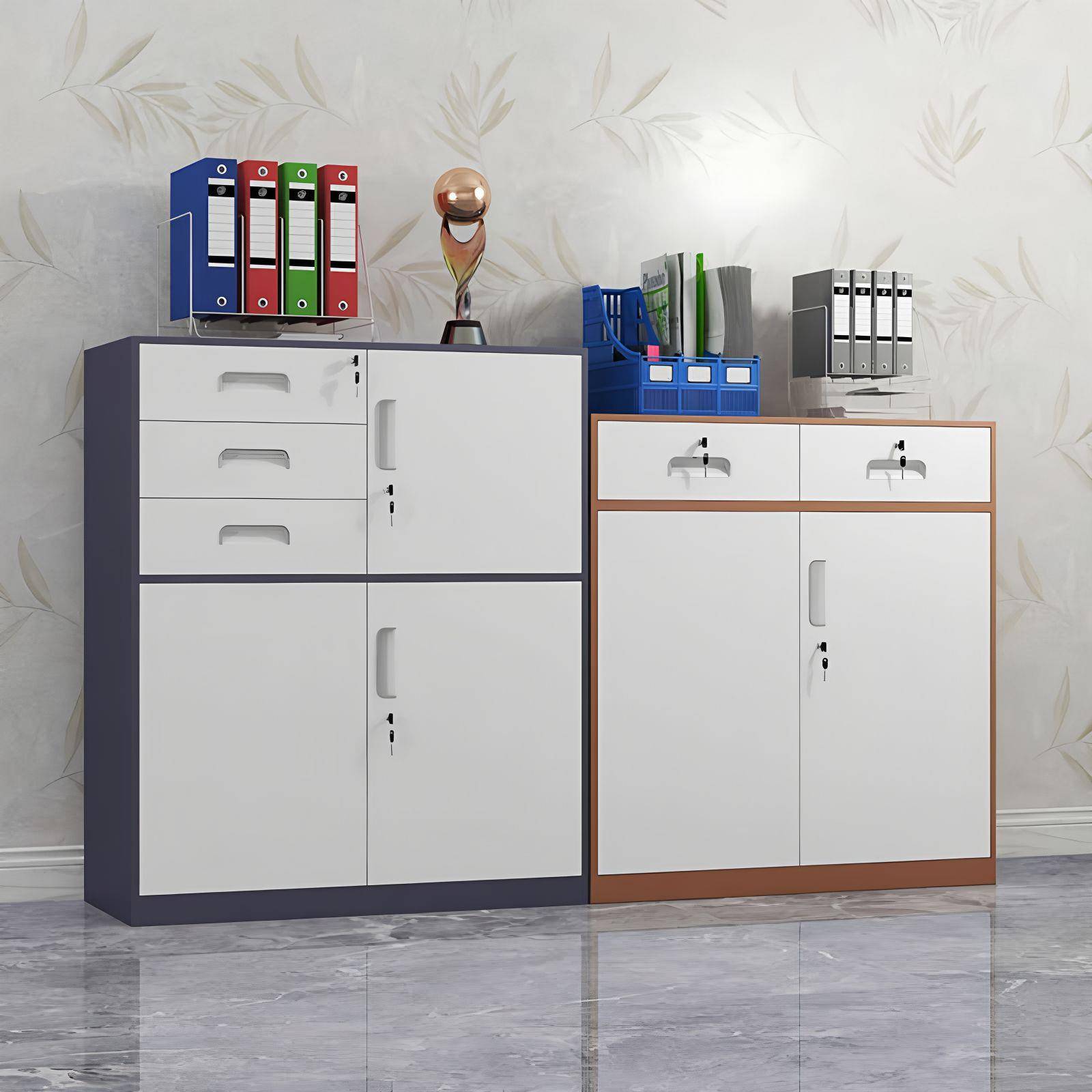 员工落地铁皮资料储物收纳矮柜钢制玻璃门带抽屉锁办公档案文件柜