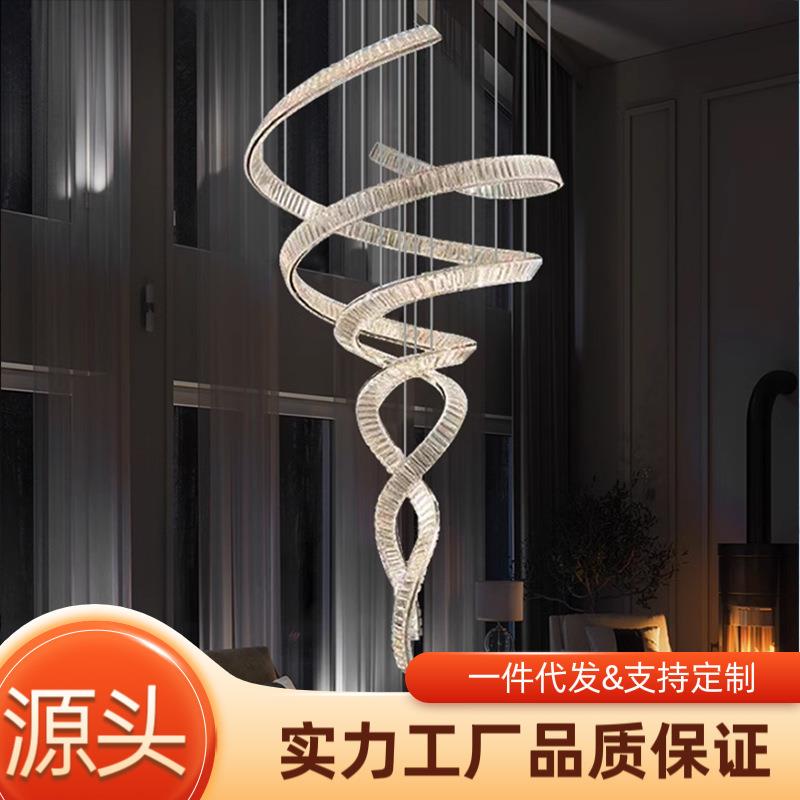 复式楼大吊灯别墅挑空客厅灯轻奢酒店工程水晶灯飘带个性楼梯间灯