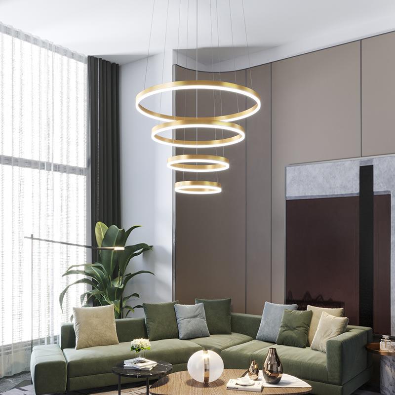 吊灯客厅现代简约轻奢复式楼梯大厅金色圆圈环形艺术工程网红灯具