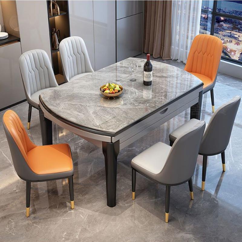 岩板餐桌餐椅组合小户型简约现代家用实木吃饭桌子圆桌可伸缩折叠