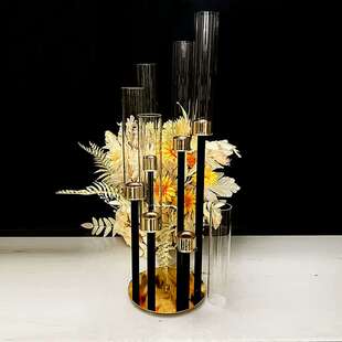 新款铁艺电镀金色步步高跨境烛台婚礼现场酒店派对餐桌花器装饰品