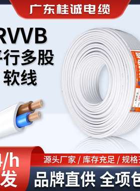 国标铜芯电源线ZC-RVVB白色护套线2芯0.75/1/1.5/2.5平方扁平软线