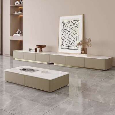 现代简约茶几电视柜组合实木马鞍皮电视柜小户型客厅岩板茶几地柜