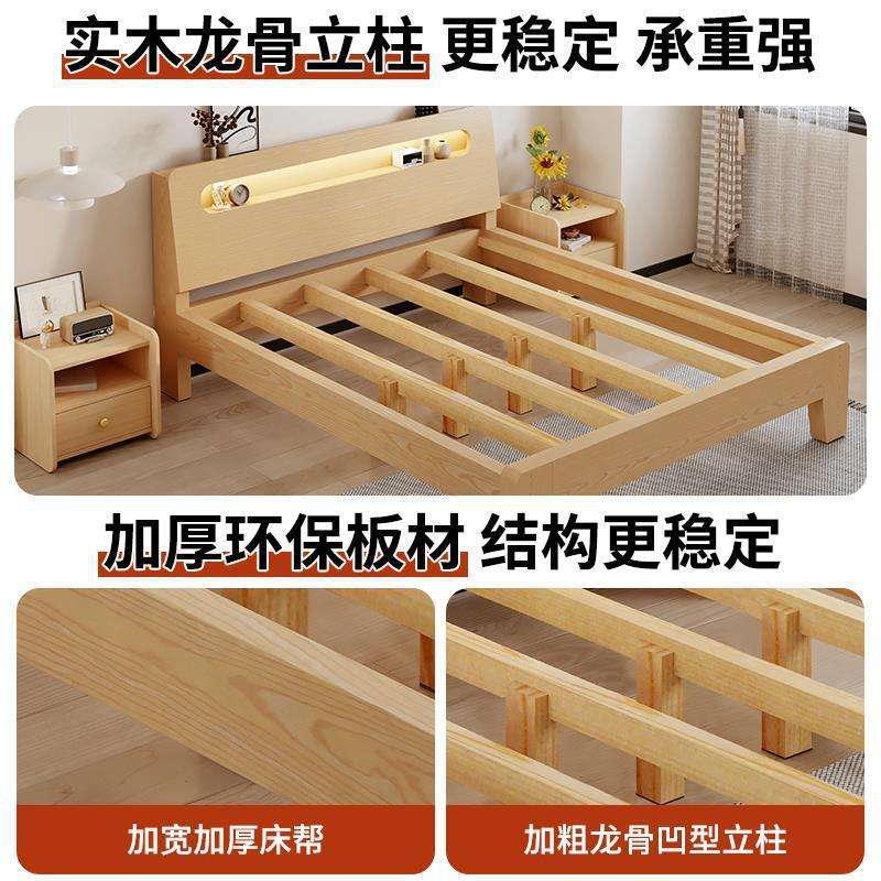 实木床家用卧室1.5米板式双人床1.8米北欧风出租屋用单人床架1.2m