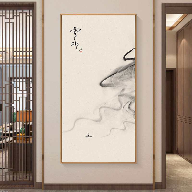 山水禅意水墨画现代新中式客厅装饰画入户玄关走廊挂画竖版壁画
