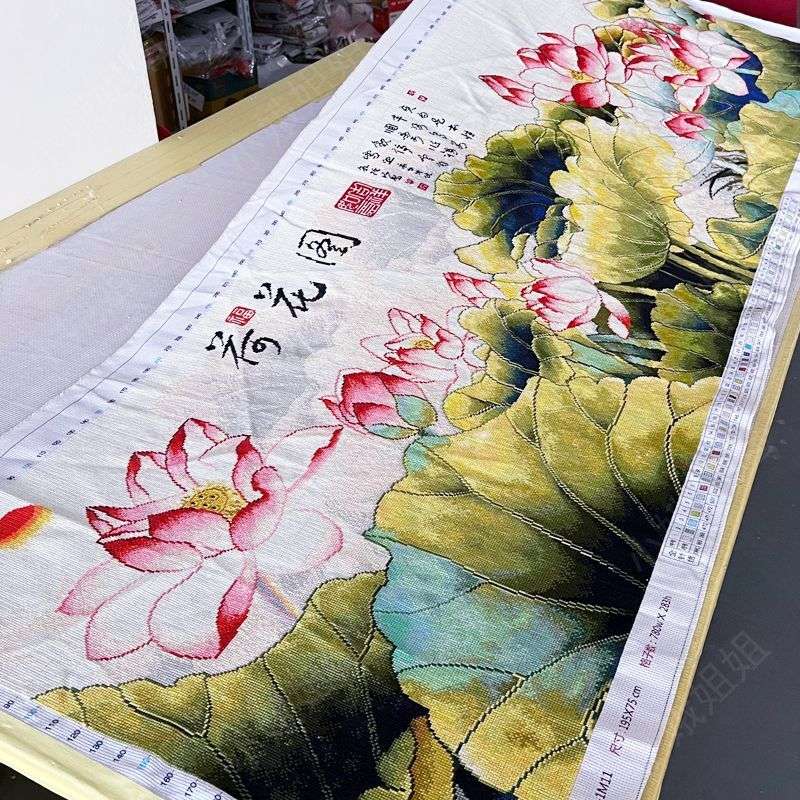 荷花图十字绣成品不带框纯手工已绣好的2025新款客厅高端荷韵花卉