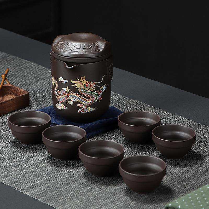 中式遇水变热龙凤紫砂一壶六杯快客杯户外旅行茶具套装冲茶泡茶器