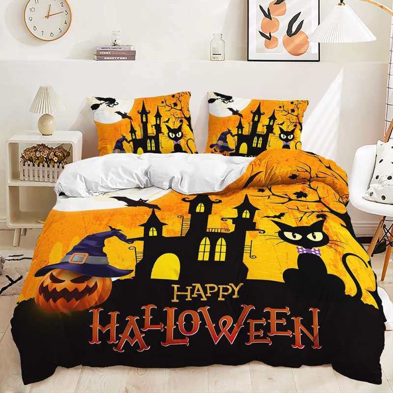 万圣节跨境床上三件套3D数码印花南瓜城堡黑猫床单被套枕套来图定
