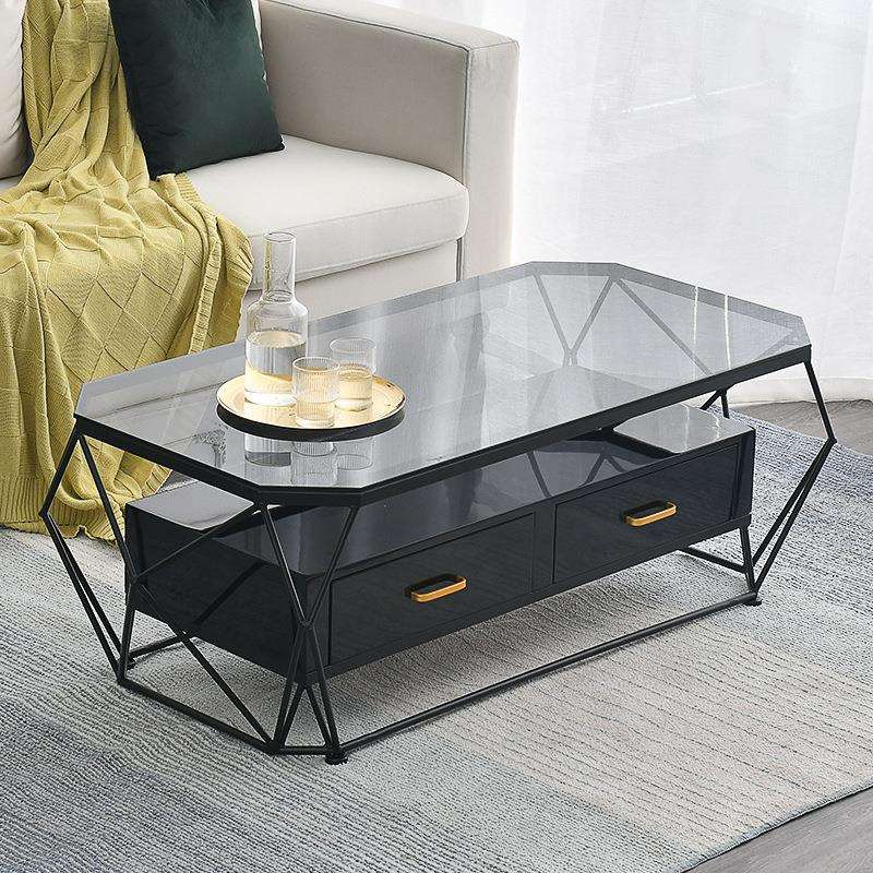 简约北欧大理石茶几小户型客厅长方形铁艺茶几桌子创意带抽屉茶几