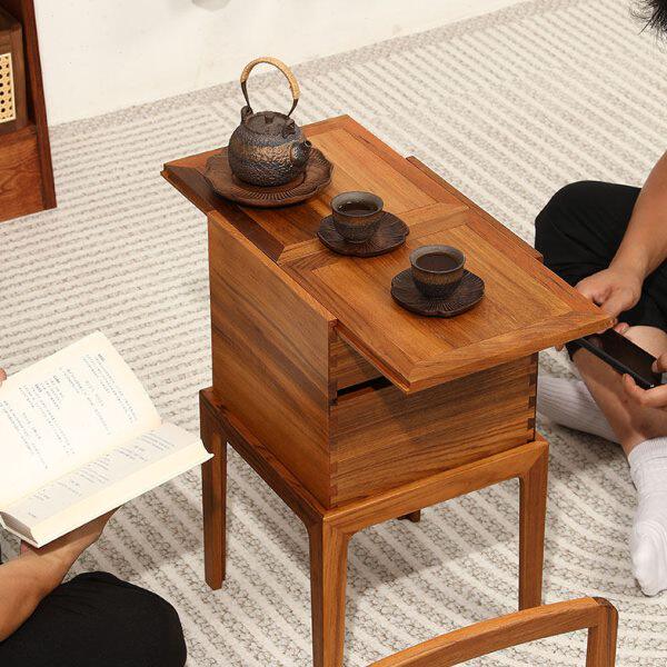 户外实木茶台高档柚木提篮茶凳收纳盒一体黑胡桃小阳台茶桌新中式