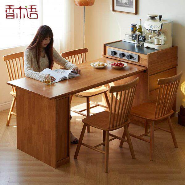 全实木岛台餐桌现代简约家用伸缩一体饭桌小户型原木风吧台餐边柜