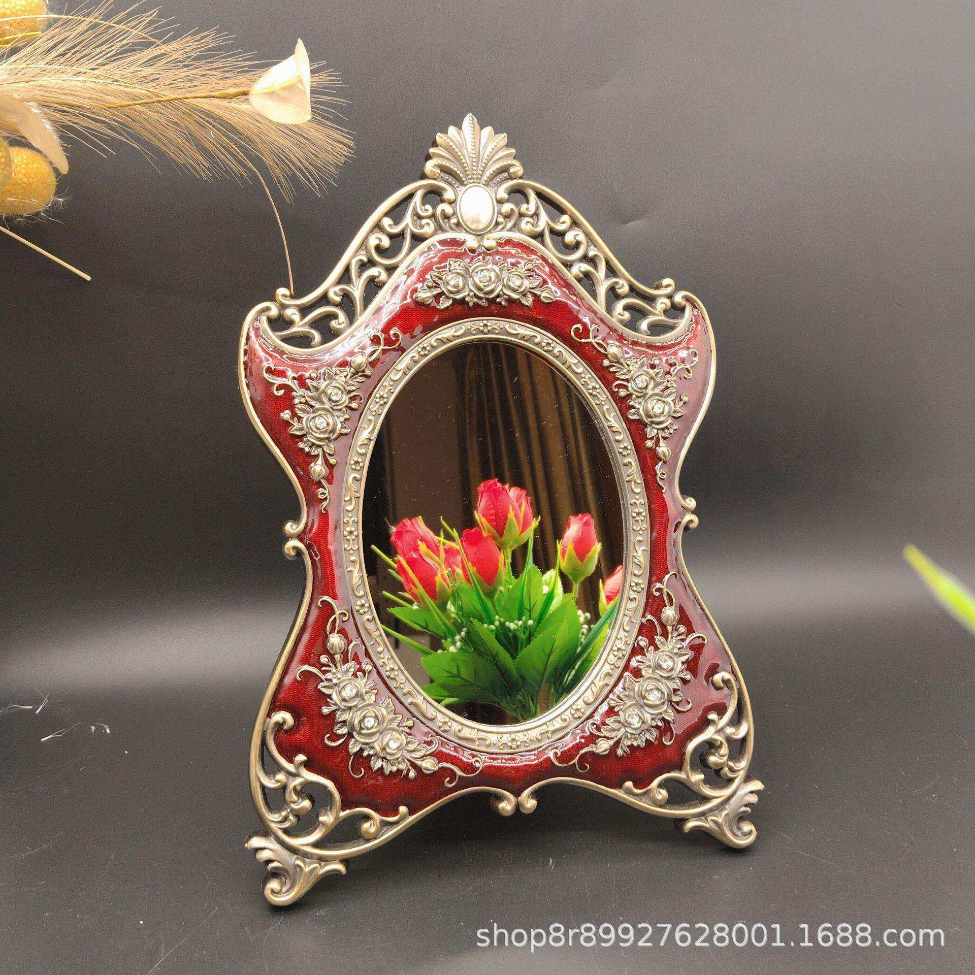 厂家源头欧式复古化妆镜梳妆镜田园金属台式梳妆镜复古双面梳妆镜