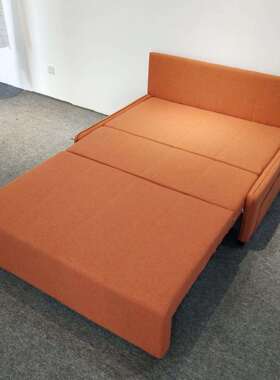 现代简约橙色棉麻小户型客厅卧室可储物可折叠导轨式多功能沙发床