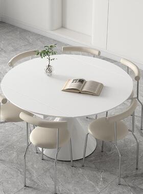 奶油风纯白色哑光岩板餐桌旋转伸缩折叠华尔兹餐桌方变圆两用桌子