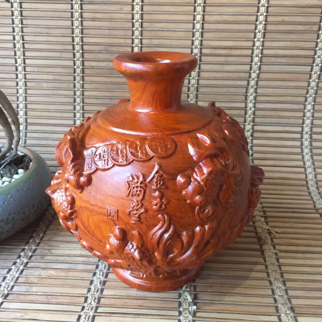花梨木雕刻金玉满堂花瓶摆件实木家居客厅中式插花工艺品新婚送礼