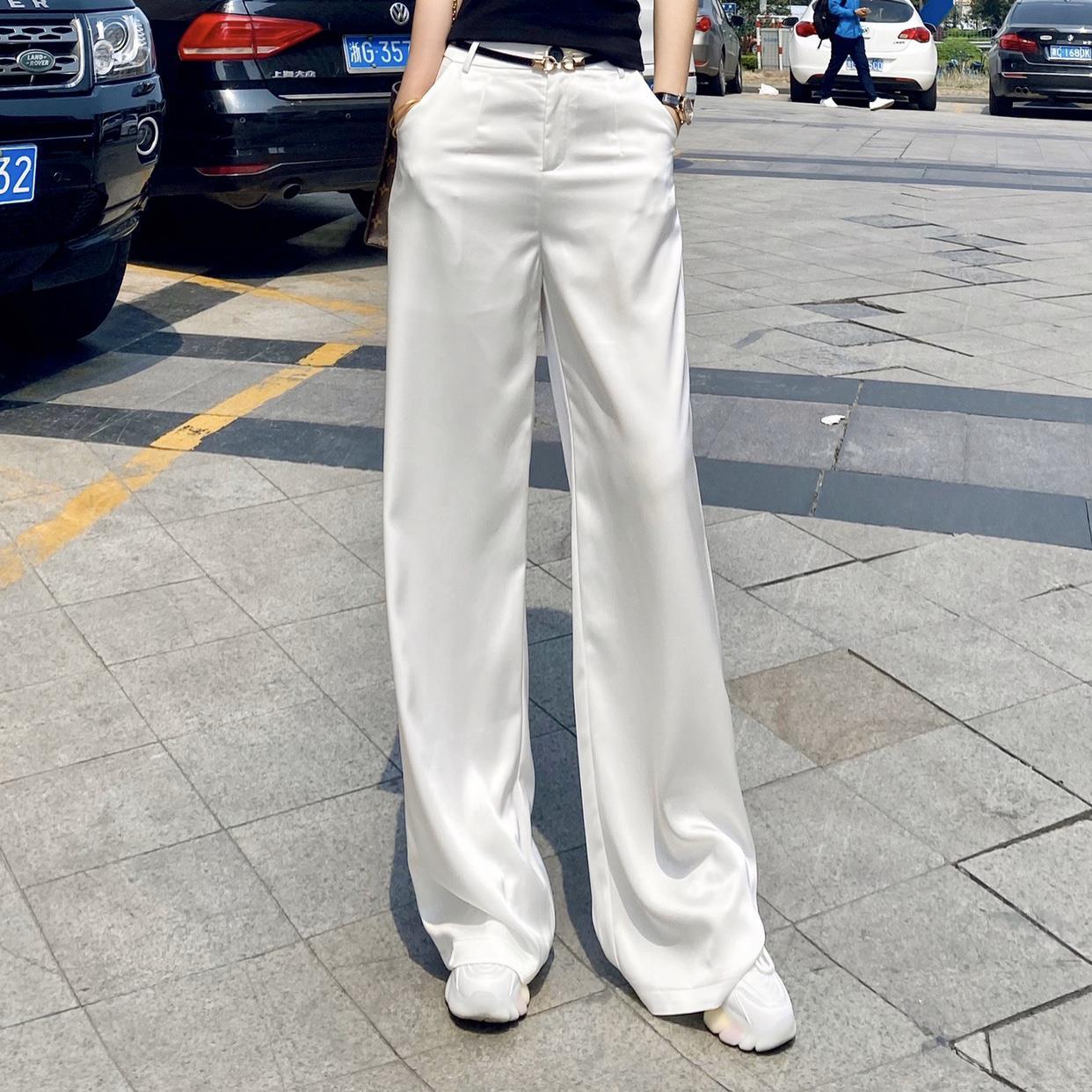 冰丝阔腿裤女夏季薄款高腰垂感显瘦直筒白色缎面醋酸西装拖地裤子