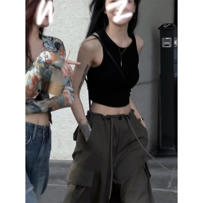 带胸垫短款黑色工装工字吊带背心女夏季外穿辣妹显瘦紧身无袖上衣