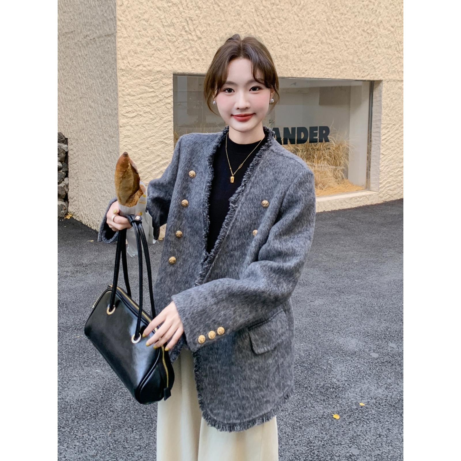 灰色小香风毛呢大衣女冬季2025新款小个子短款高级感加厚呢子外套