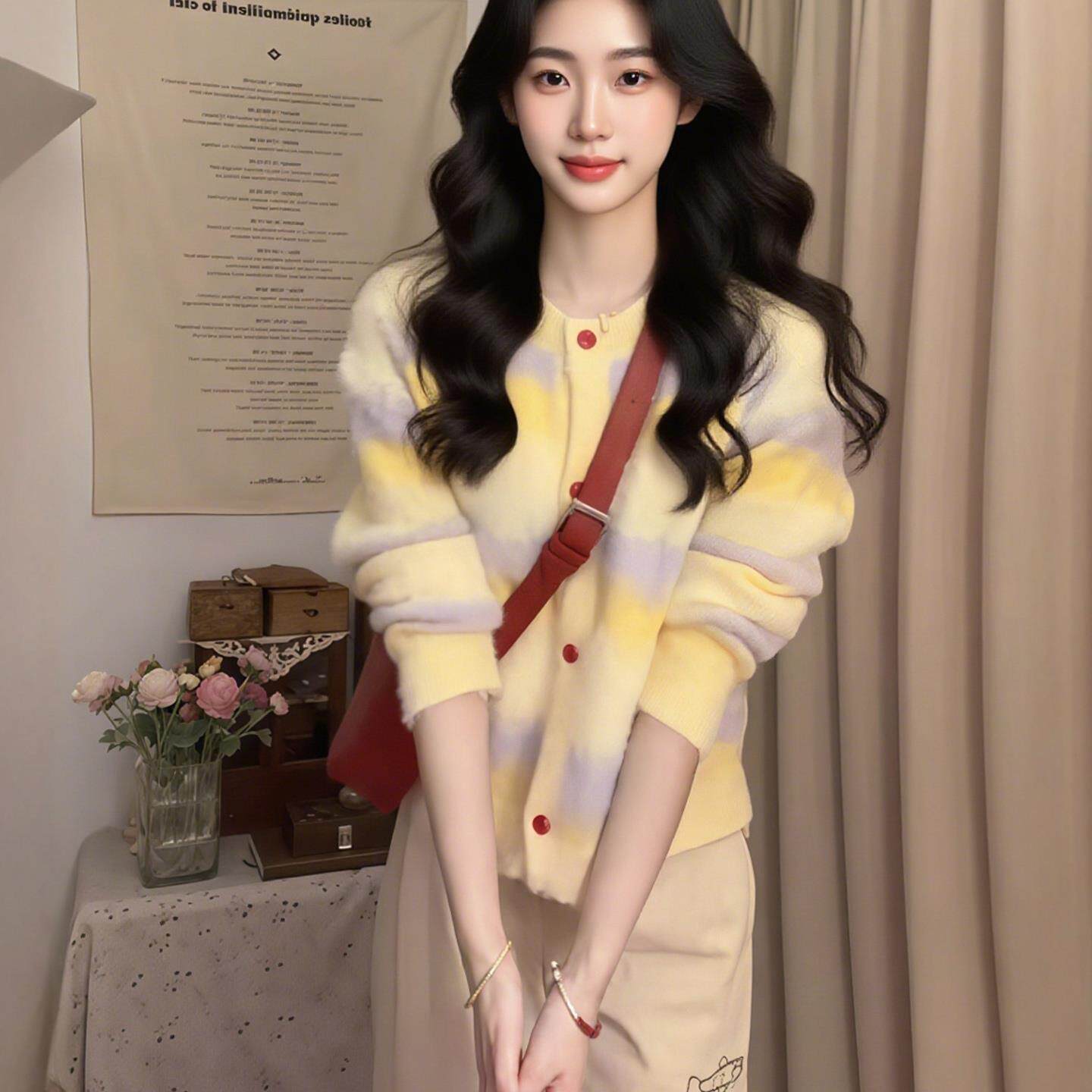 日系复古奶黄撞色条纹仿貂绒毛衣开衫女秋软糯甜美马海毛针织外套