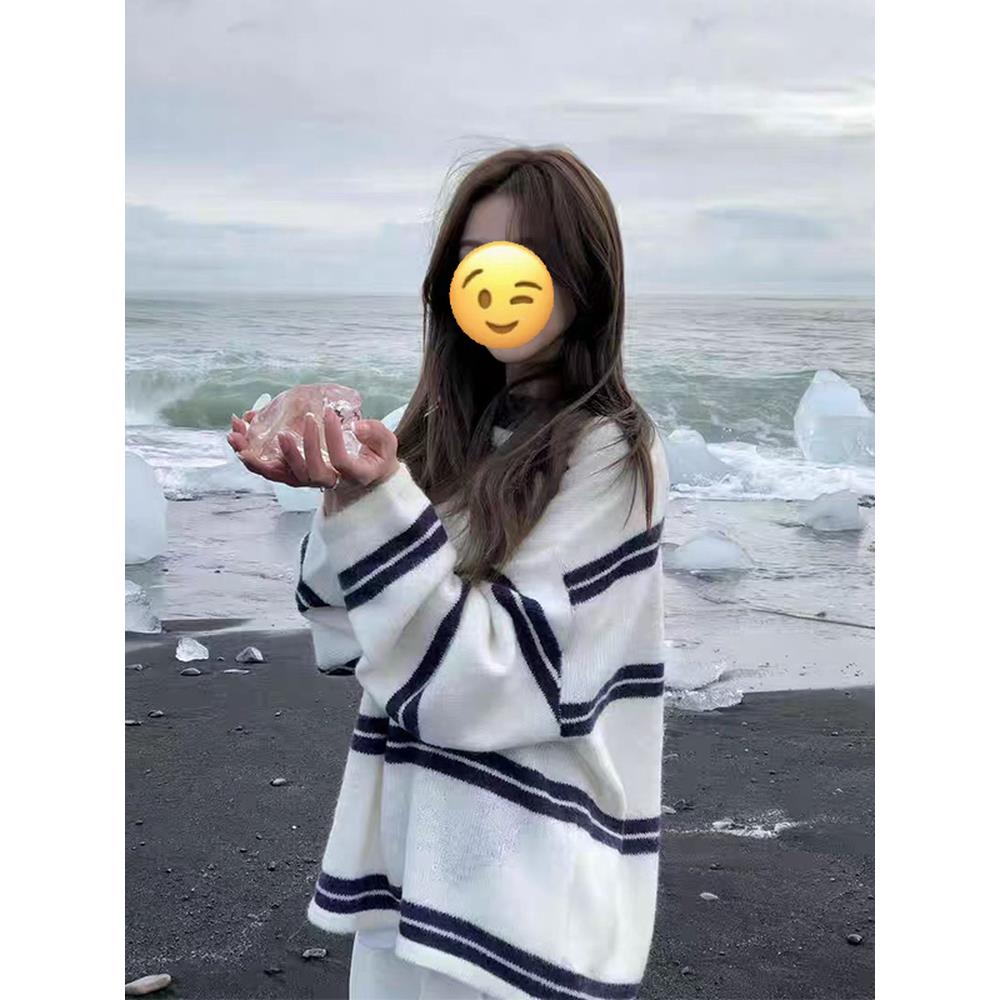美式高街松弛感条纹圆领长袖毛衣女秋冬原宿风气质休闲宽松上衣潮