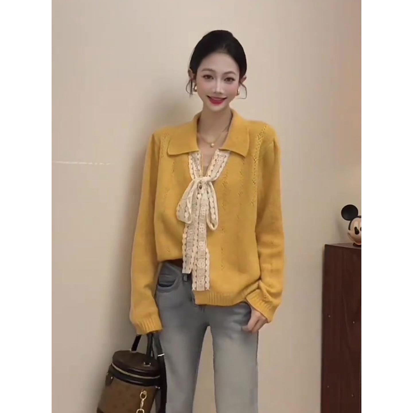 法式V领蝴蝶结系带黄色翻领毛衣女秋冬韩系穿搭慵懒风针织衫上衣