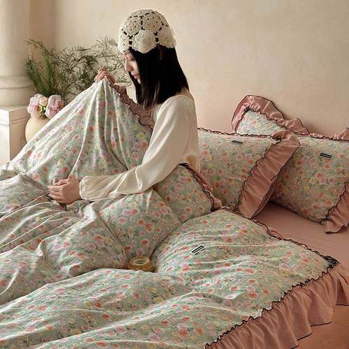 亲肤纺棉四件套中古风数码印花法式大花边蕾丝少女心软棉床品