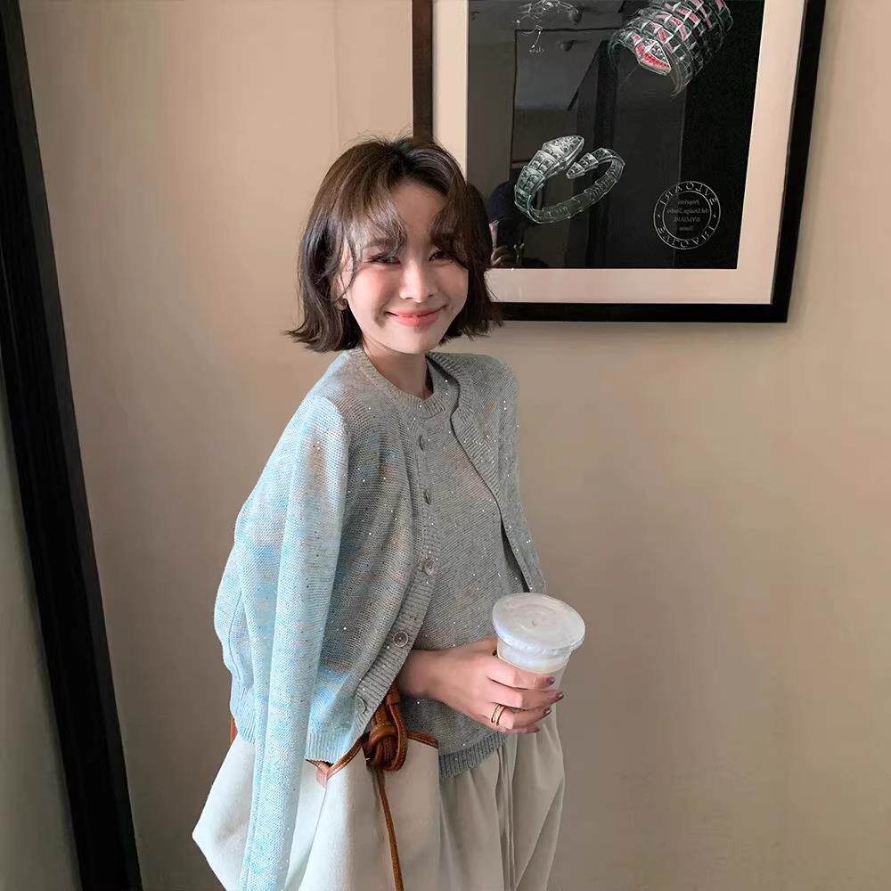 瀚源服饰/2026人鱼珠片纱套装女秋冬针织开衫外套背心两件套