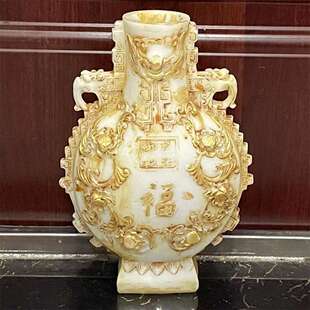 仿白玉花瓶 古董玉器古董把件 仿高古玉福寿花瓶摆件复古玉雕