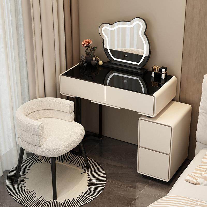 小户型实木梳妆台奶油风卧室现代简约梳妆岩板化妆桌玻璃化妆台柜