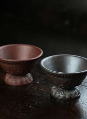 宜兴紫砂杯高脚杯手工品茗杯柴烧主人杯紫泥还原烧单个杯子130cc