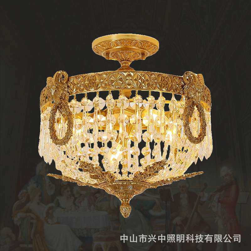 法式全铜水晶复古卧室吸顶灯欧式别墅奢华全铜灯过道入户玄关灯
