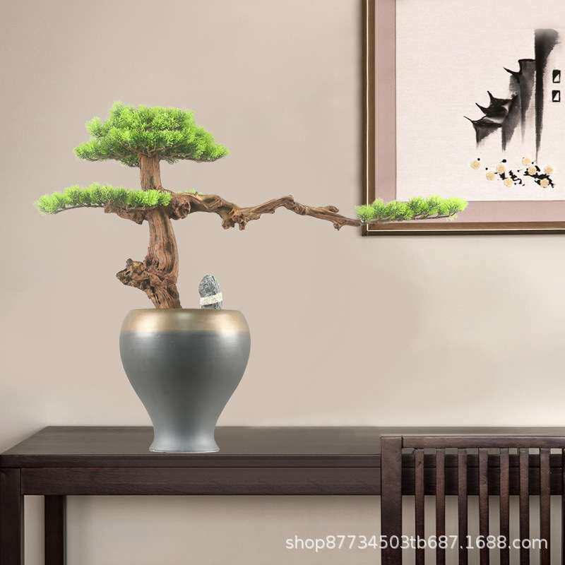 仿真迎客松盆景日式禅意玄关绿植茶室酒店样板间新中式端景台摆件