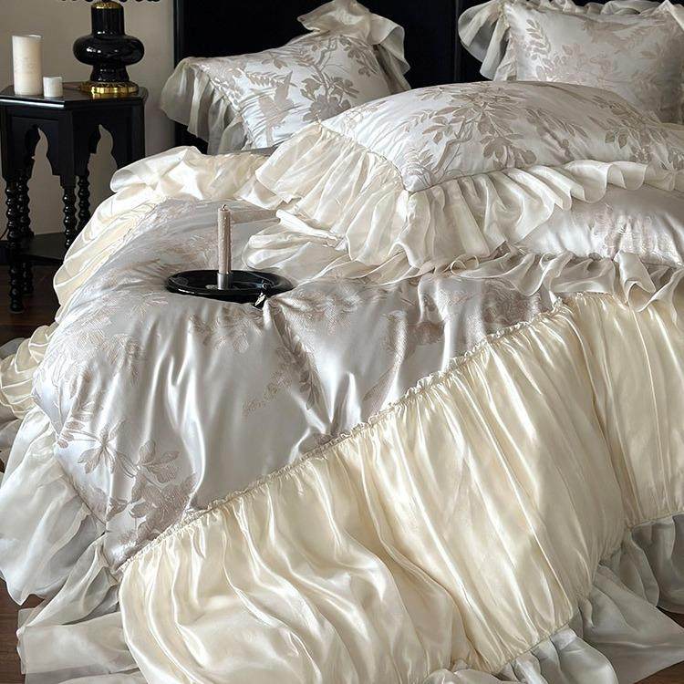 轻奢风高精密提花四件套140S长绒棉法式雪纺花边纯棉被套床上用品