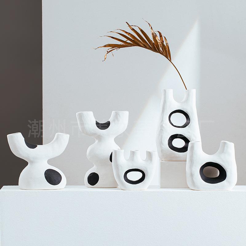 美家荟陶瓷装饰摆件简约黑白组合插花客厅桌面软装样板房中古摆件